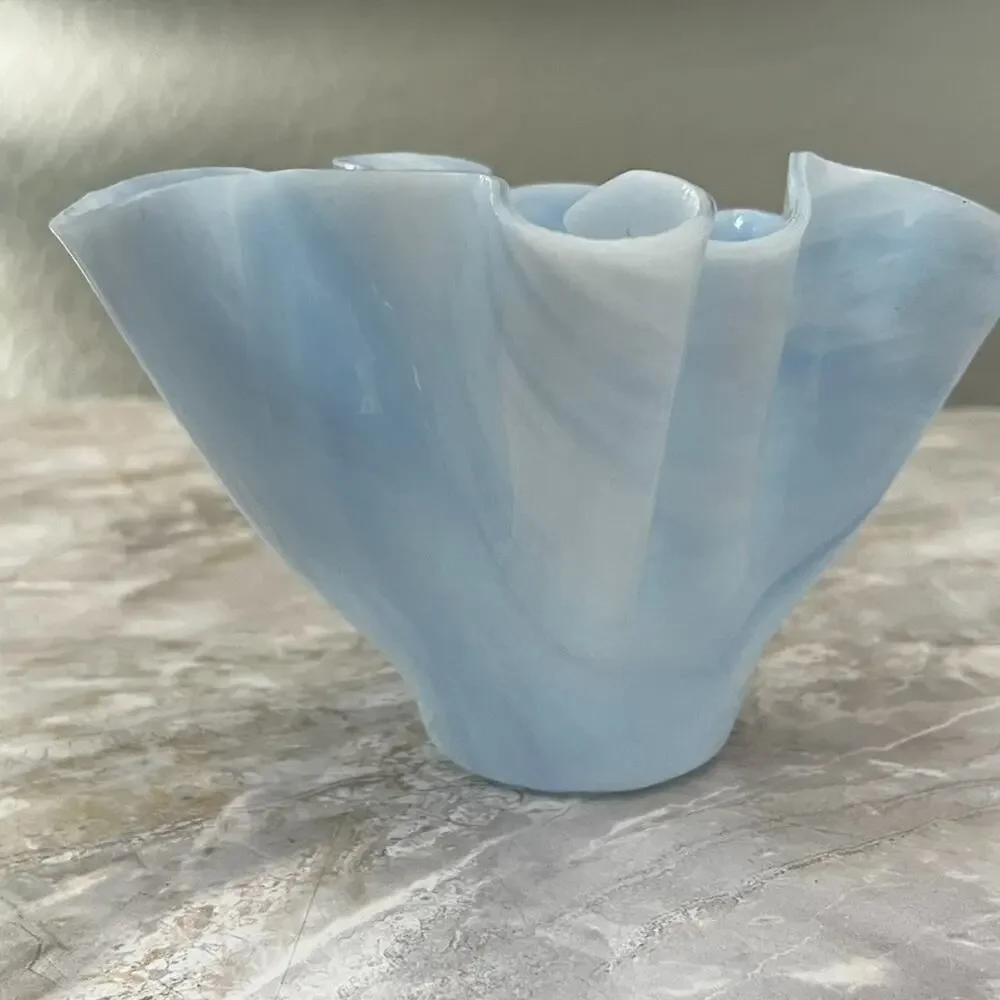 Art Glass Vase Opalescent Blue White Ruffled Handkerchief Murano Style